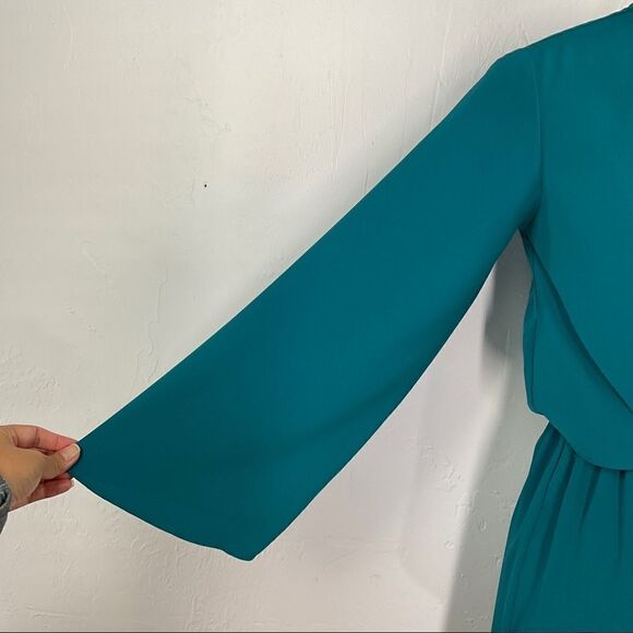 Topshop Dark Teal Green Front Tie Long Sleeve Fit and Flare Dress 2 - Picture 4 of 8
